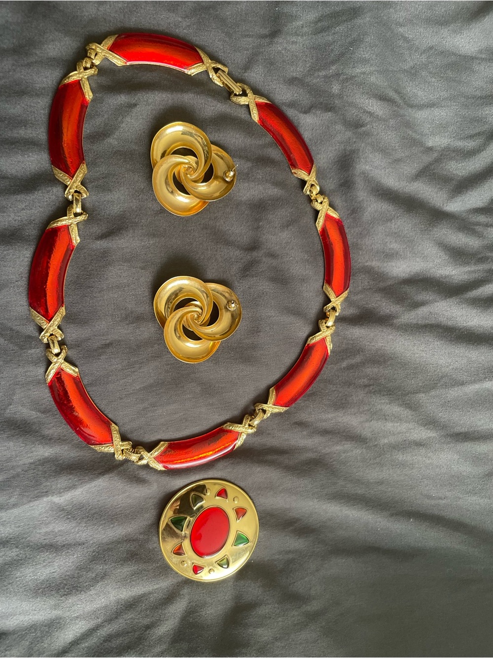 Gold-Tone Necklace and Earring Set with Red Enamel Accents - Picture 2 of 3